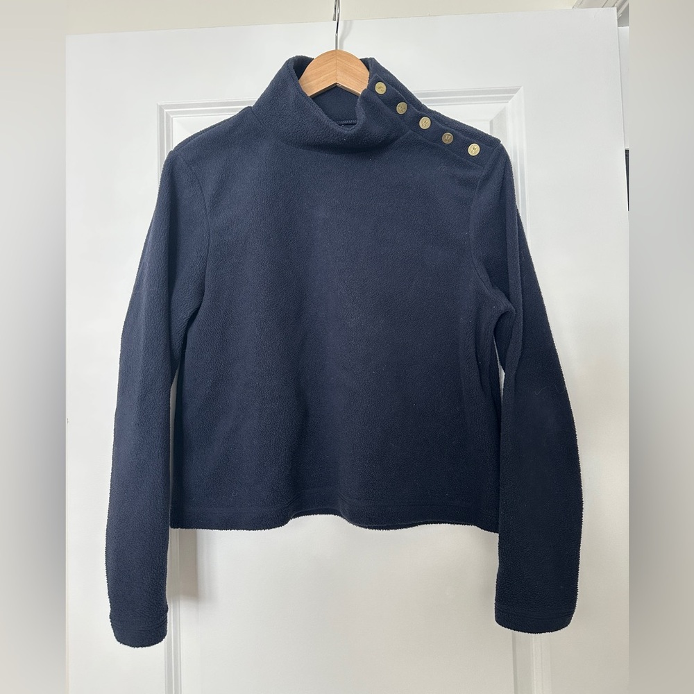 Dudley Stephens Navy Cowl Neck Sweater with Gold Buttons
